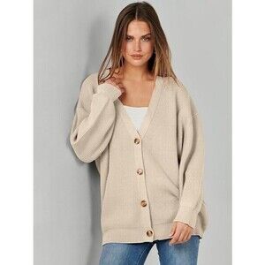 Women Oversized Cardigan Sweater Fall Outfit Cloth Fashion V neck Small Apricot